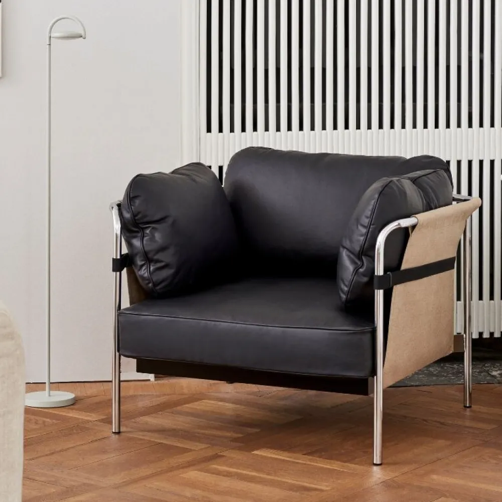 Hay Stue>Can 1 Seater Natural Canvas & Sort Sense Læder